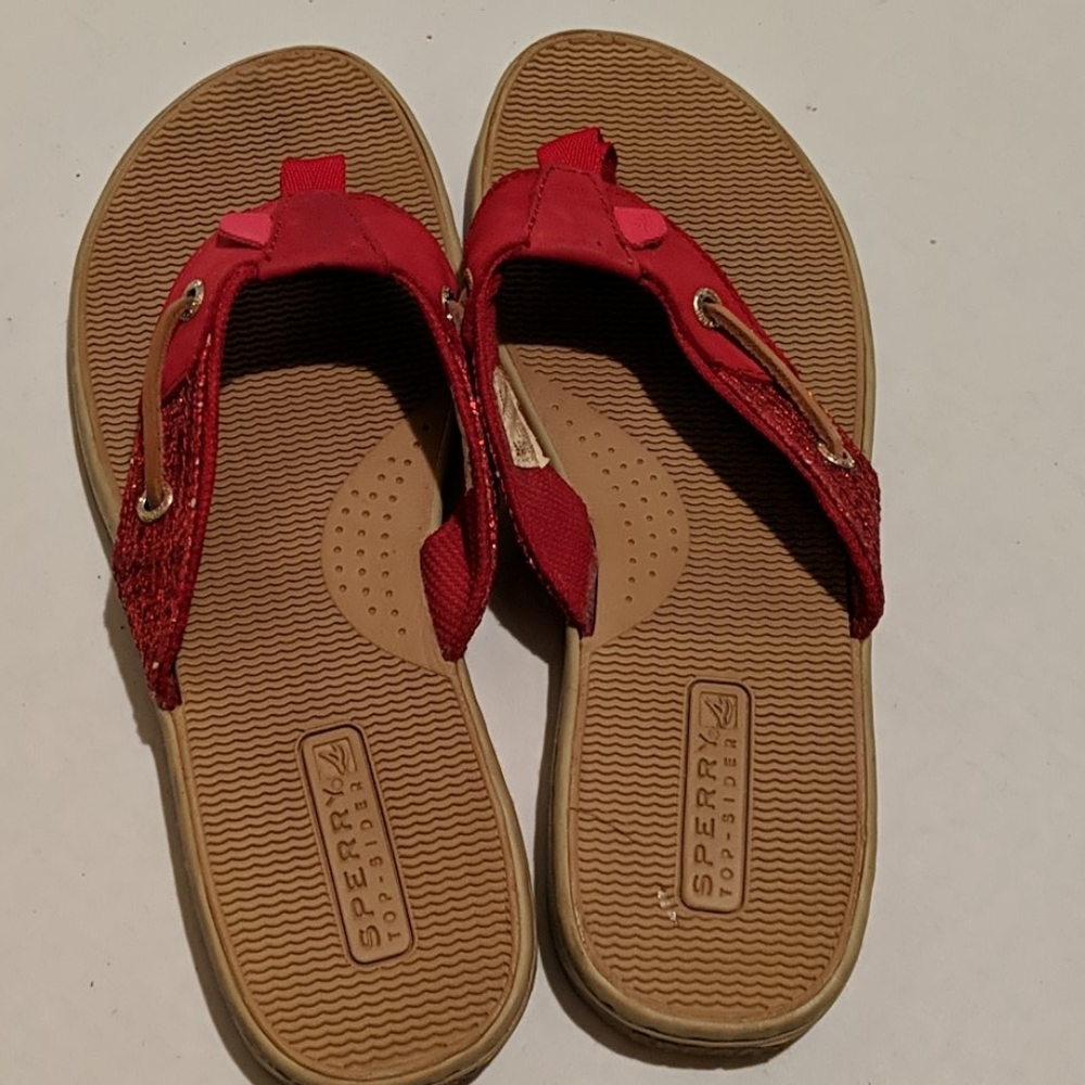 Sperry red suede like and metallic flip-flops